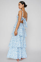 Chriske Blue Floral Print Ruffle Maxi Dress