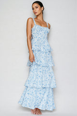 Chriske Blue Floral Print Ruffle Maxi Dress