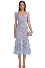Xanea Square Neck Blue Lace Midi Dress