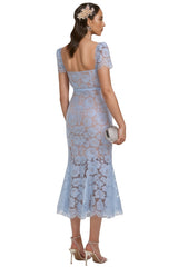 Xanea Square Neck Blue Lace Midi Dress