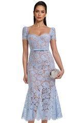 Xanea Square Neck Blue Lace Midi Dress