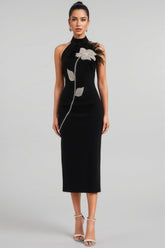 Thian Floral Embellished Feather Bandage Midi Dress