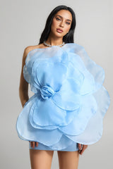 Marielle Mesh Flower One Shoulder Mini Dress-Blue