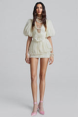 Clark White 3D Flower Pleated Mini Dress