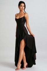 Finned Black Halter Ruffle Maxi Dress