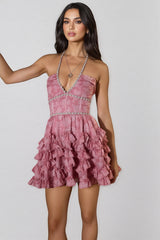 Tryphosa Pink Printed Beaded Mini Dress