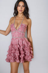 Tryphosa Pink Printed Beaded Mini Dress