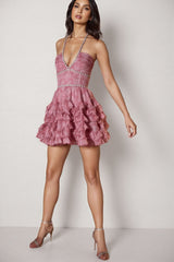 Tryphosa Pink Printed Beaded Mini Dress