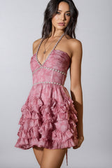 Tryphosa Pink Printed Beaded Mini Dress