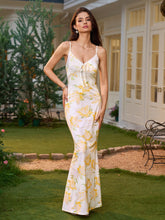 Tie Front V-Neck Lace Spliced Floral Print Mermaid Dress