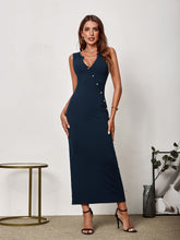 V-Neck Button Placket Back Split Bodycon Dress