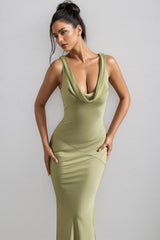 Kovty Light Olive Satin Cowl-Neck Maxi Dress