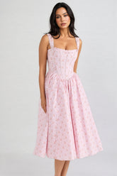 Arwent Pink Rose Print Stretch Cotton Midi Dress