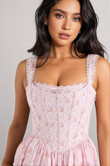 Arwent Pink Rose Print Stretch Cotton Midi Dress