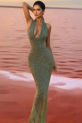 Elsinx Green Backless Sequin Maxi Dress
