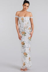 Setlla Soft Blue Vintage Print Corset Maxi Dress