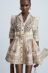 Wyetha Standing Neck Lantern Sleeve Mini Dress