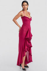 Jinx Wine Ruffled Front Maxi Dress