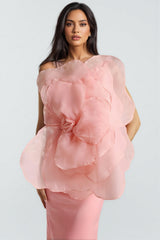 Alaya Slant Shoulder 3D Floral Midi Dress-Pink