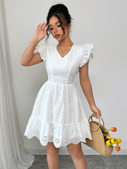 Jaretp V-neck Lace Embroidery Mini Dress
