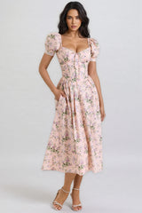 Darylt Pink Ribbon Print Cotton Midi Dress