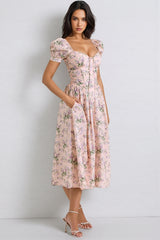 Darylt Pink Ribbon Print Cotton Midi Dress