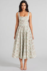 Yaralt Sage Floral Print Cotton Midi Dress
