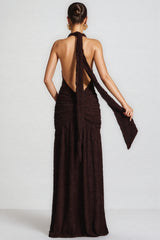 Betrys Brown High-Slit Backless Maxi Dress