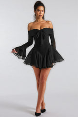 Lild Black One-Shoulder Bell Sleeve Mini Dress