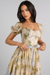 Elowen Yellow Vintage Rose Chiffon Midi Dress
