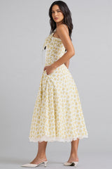 Emork White Vintage Floral Print Cotton Midi Dress