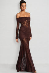 Velally Brown Lace Cut-Out Fishtail Maxi Dress