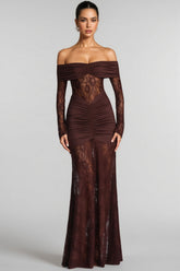 Velally Brown Lace Cut-Out Fishtail Maxi Dress