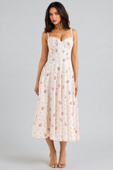 Thora White Stretch Cotton Rose Print Midi Dress