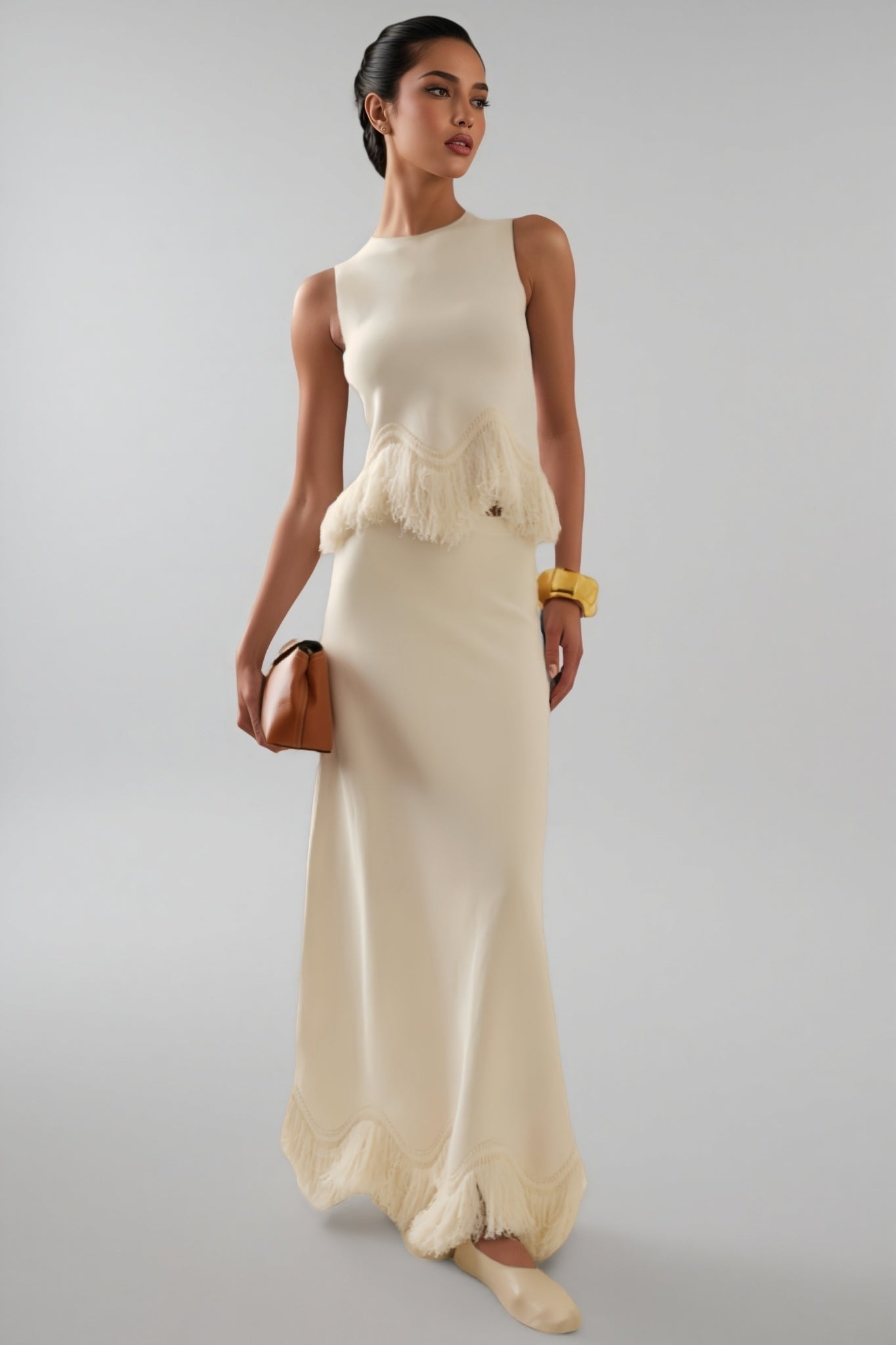 two piece dress set white Jora White Fringe Maxi Dress Two Piece Set – Ooins