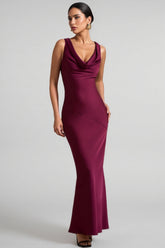 Yararl Burgundy Satin Cowl-Neck Maxi Dress