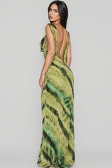 Erika Green Print Deep V Backless Maxi Dress