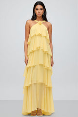 Kairot Yellow Backless 3D Flower Maxi Dress
