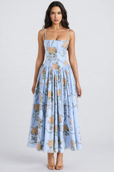 Gwend Blue Vintage Rose Print Cotton Midi Dress