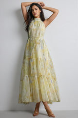 Thornty Yellow Printed Sleeveless Maxi Dress