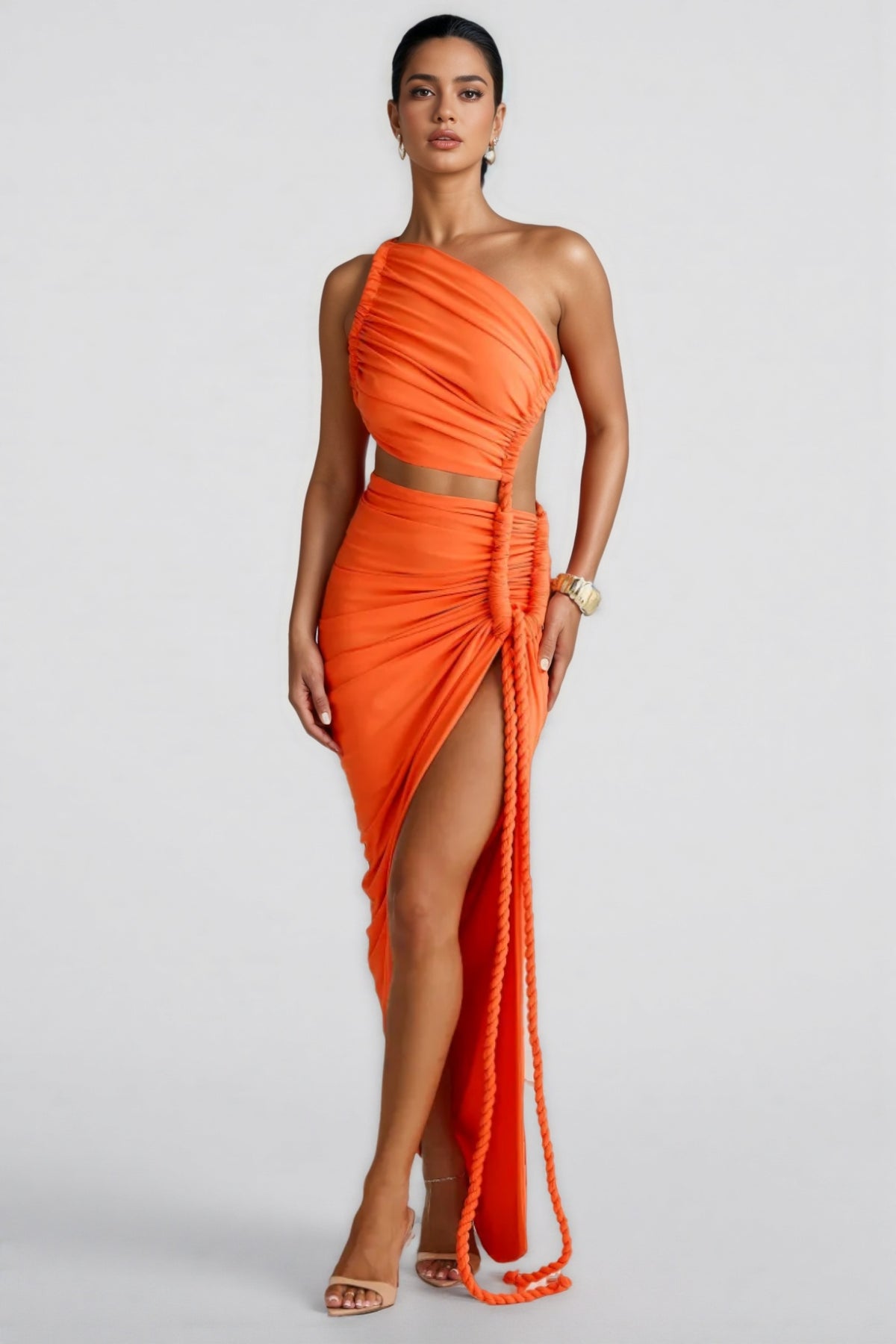 Ierra One Shoulder Cut Out Shirring Maxi Dress