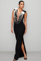 Avra Pearl Beaded Chain 3D Floral Maxi Dress