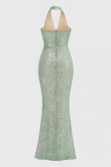 Elsinx Green Backless Sequin Maxi Dress