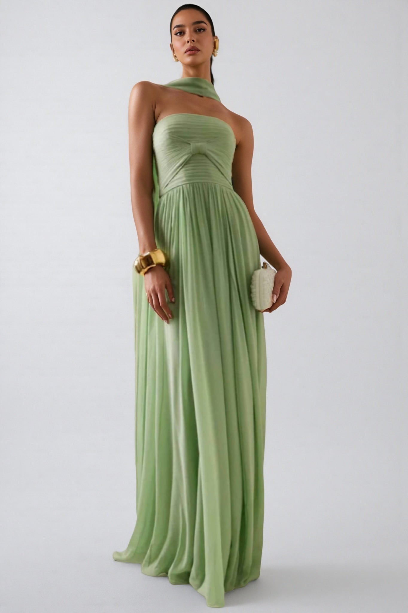 Bellke Green Pleated Strapless Maxi Dress