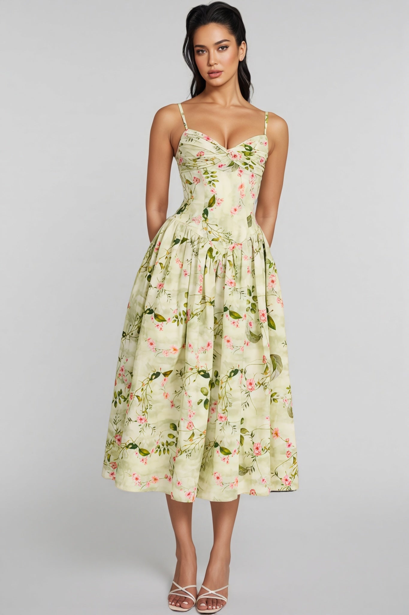 Raleign Green Floral Print Ruched Midi Dress