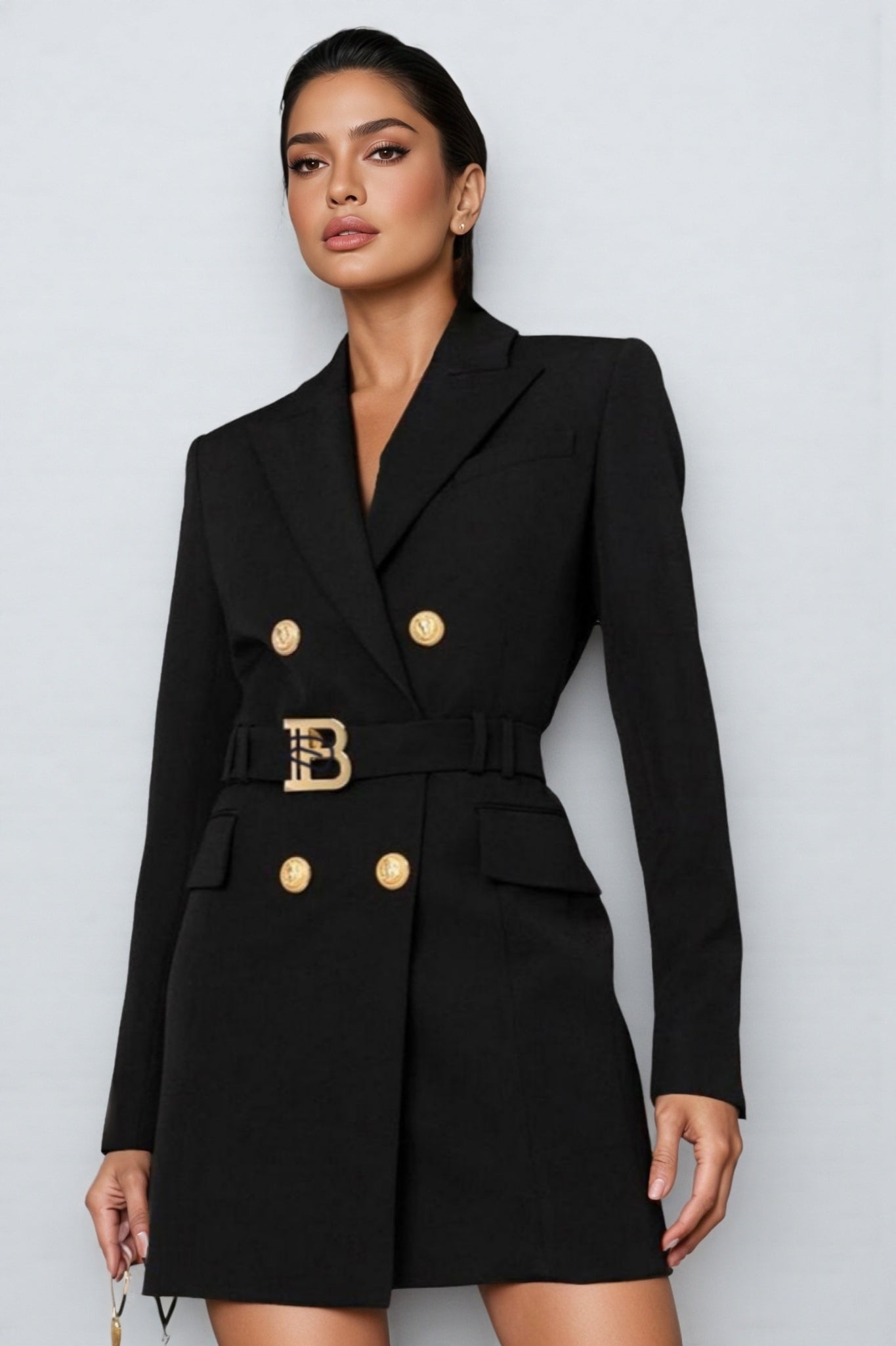 Freye Black Belted Metal Button Mini Dress