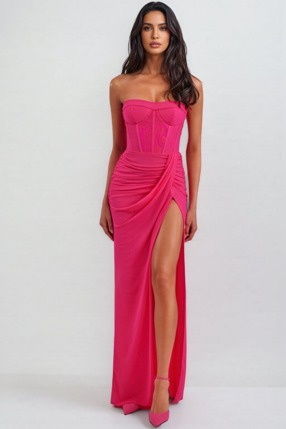 Amabel Solid Corset Split Maxi Dress-Pink