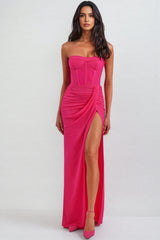 Amabel Solid Corset Split Maxi Dress-Pink