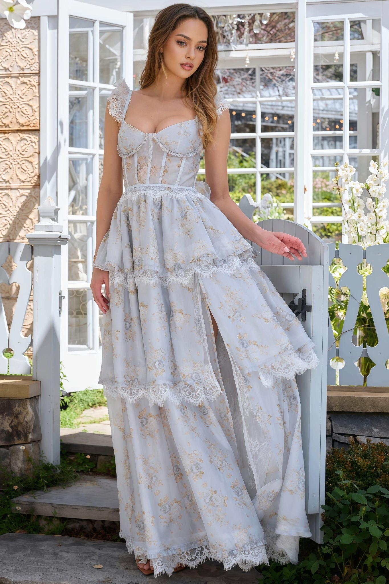 Brion Blue Lace Print Maxi Dress