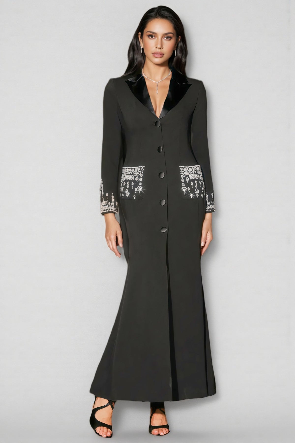 Zeno Deep-V Diamond Suit High Slit Maxi Dress